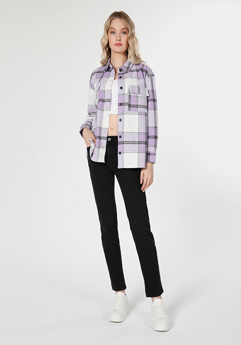 Regular Fit Shirt Neck Ekoseli Kadın Mor Uzun Kol Gömlek