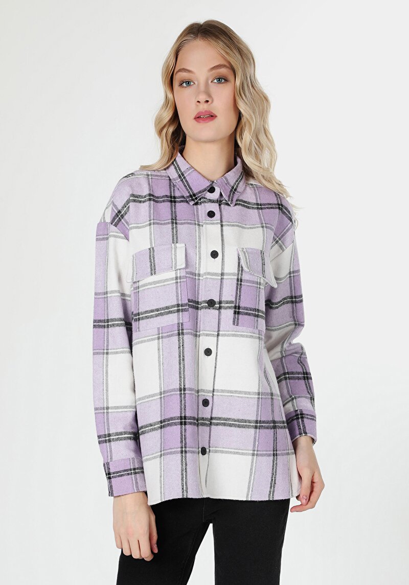 Regular Fit Shirt Neck Ekoseli Kadın Mor Uzun Kol Gömlek