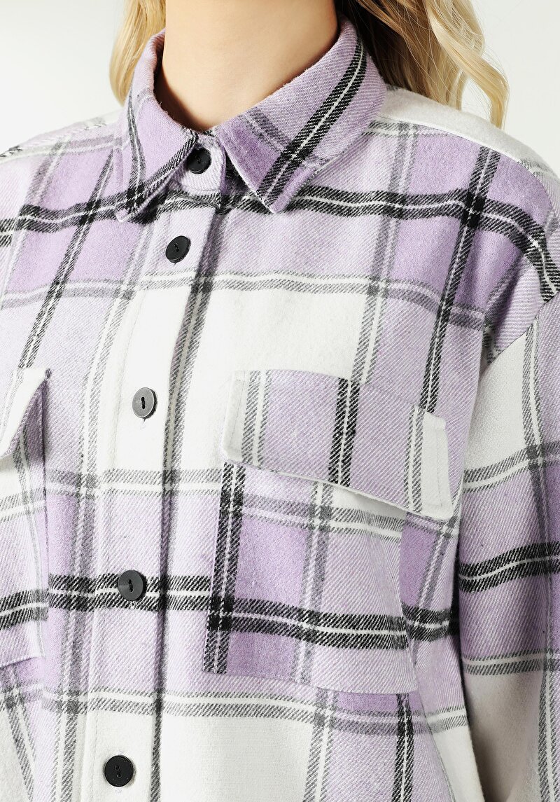 Regular Fit Shirt Neck Ekoseli Kadın Mor Uzun Kol Gömlek