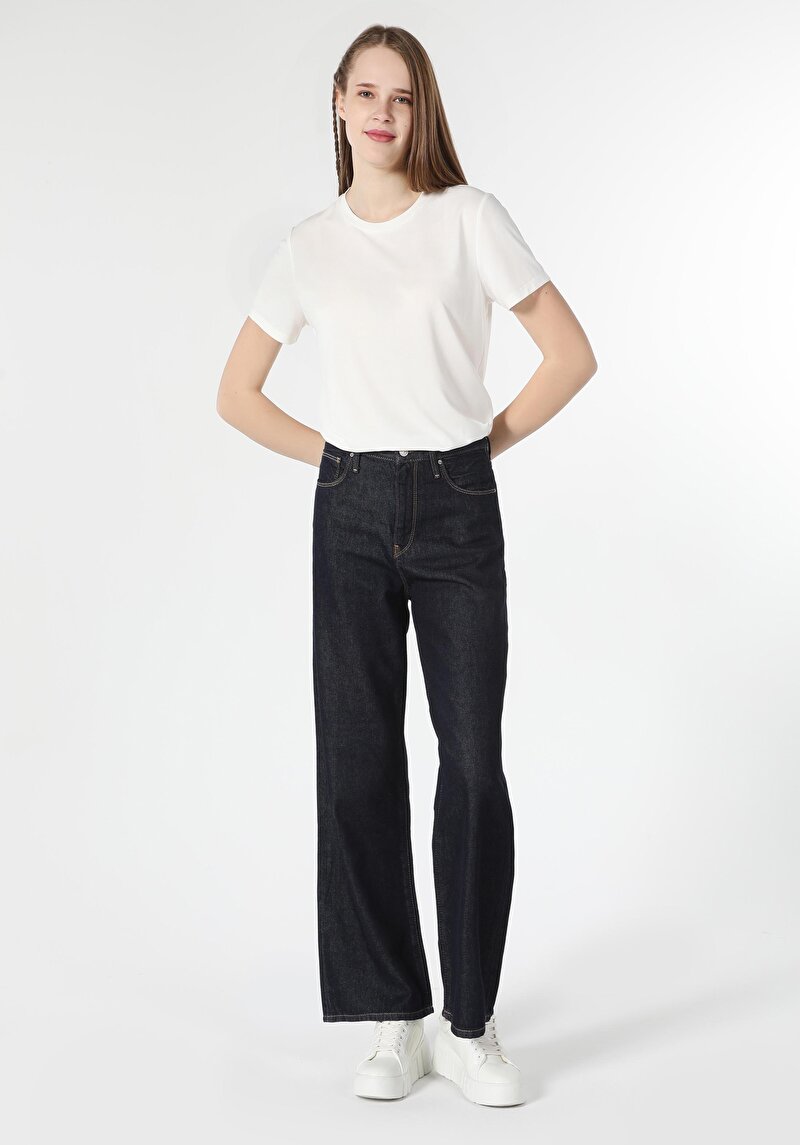 Regular Fit Yüksek Bel Geniş Paça Kadın Siyah Jean Pantolon