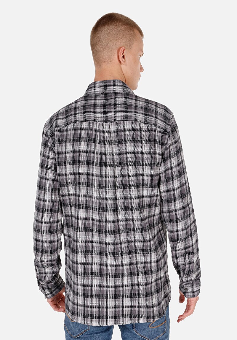 Regular Fit Shirt Neck Ekoseli Erkek Gri Uzun Kol Gömlek