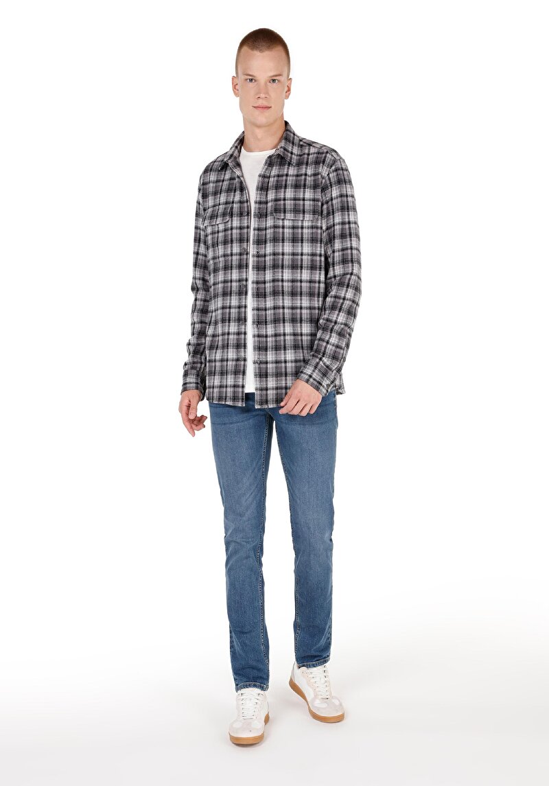 Regular Fit Shirt Neck Ekoseli Erkek Gri Uzun Kol Gömlek