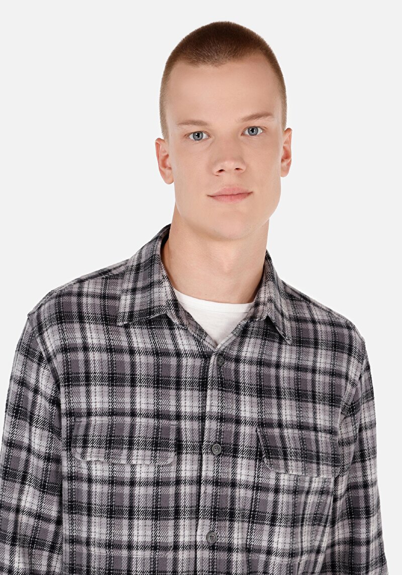 Regular Fit Shirt Neck Ekoseli Erkek Gri Uzun Kol Gömlek