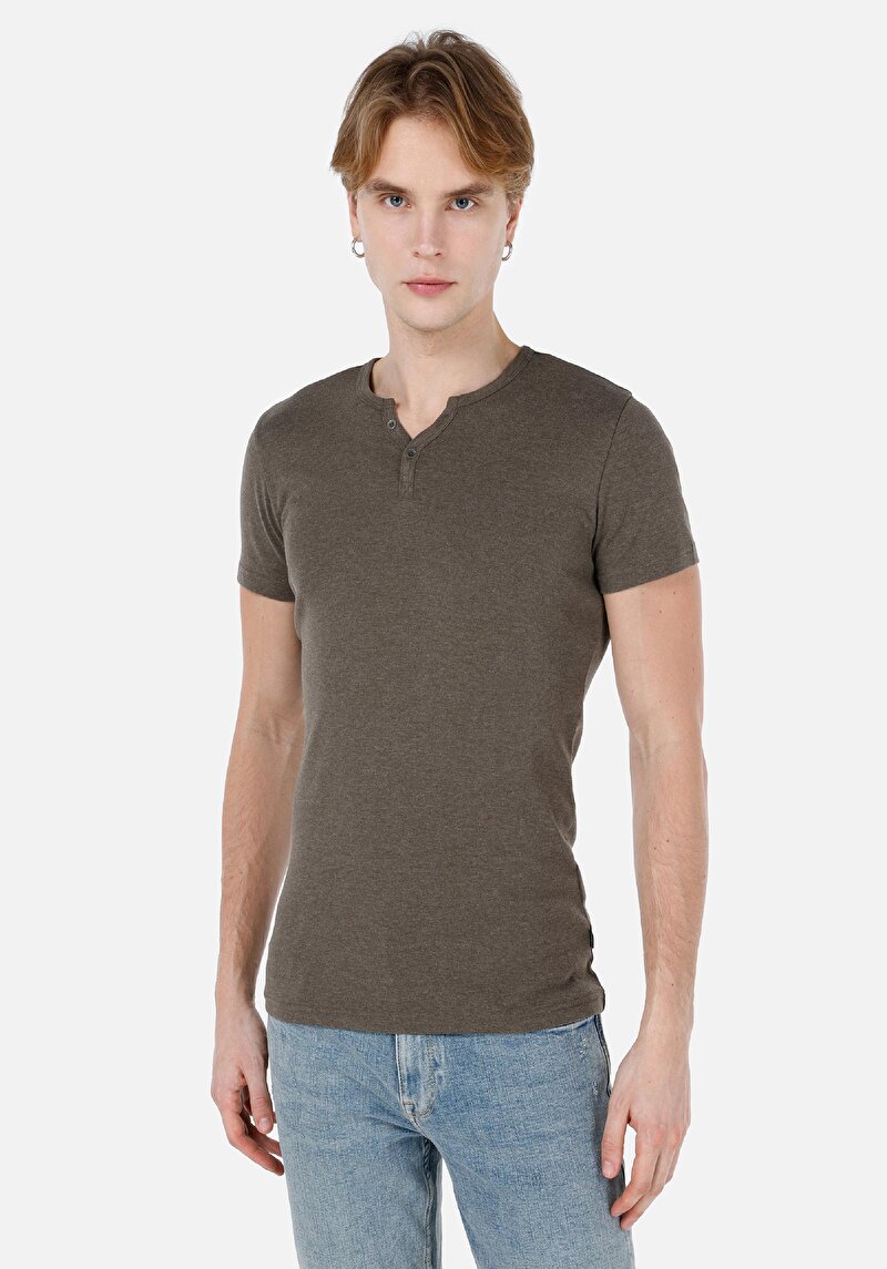 Slim Fit Placket Neck Düz Erkek Yeşil Kısa Kol Tişört