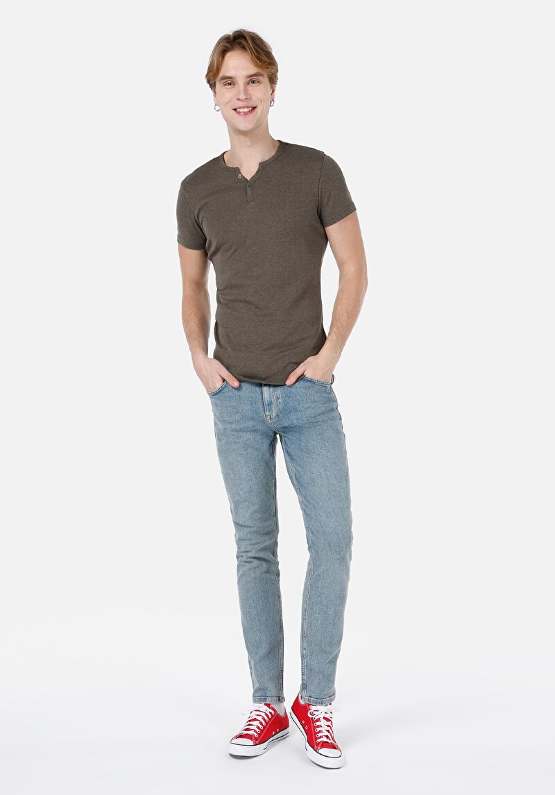 Slim Fit Placket Neck Düz Erkek Yeşil Kısa Kol Tişört