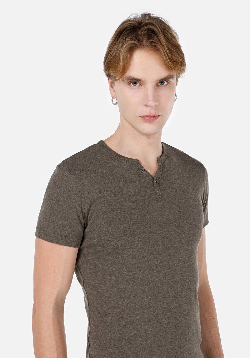 Slim Fit Placket Neck Düz Erkek Yeşil Kısa Kol Tişört