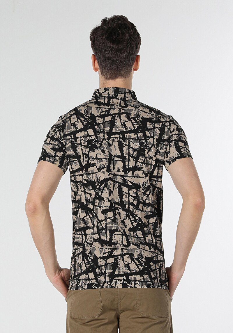 Slim Fit Polo Yaka Baskılı Erkek Bej Kısa Kol Tişört