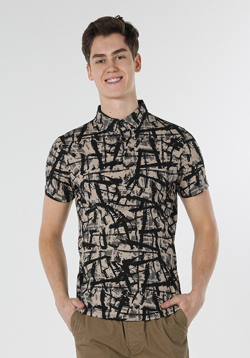 Slim Fit Polo Yaka Baskılı Erkek Bej Kısa Kol Tişört