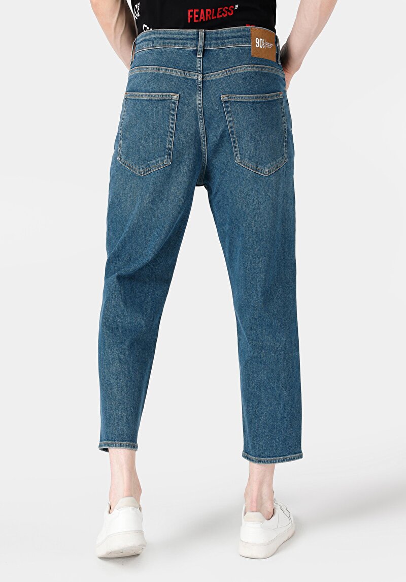 Loose Relaxed Fit Drop Crotch Kısa Paça Erkek İndigo Jean Pantolon