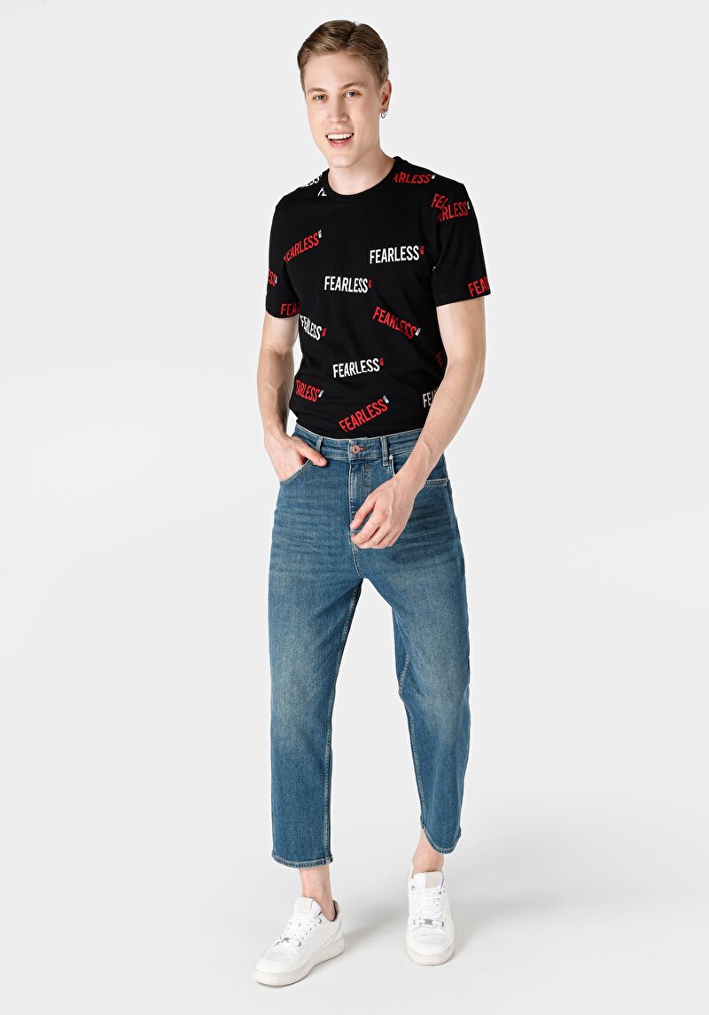 Loose Relaxed Fit Drop Crotch Kısa Paça Erkek İndigo Jean Pantolon