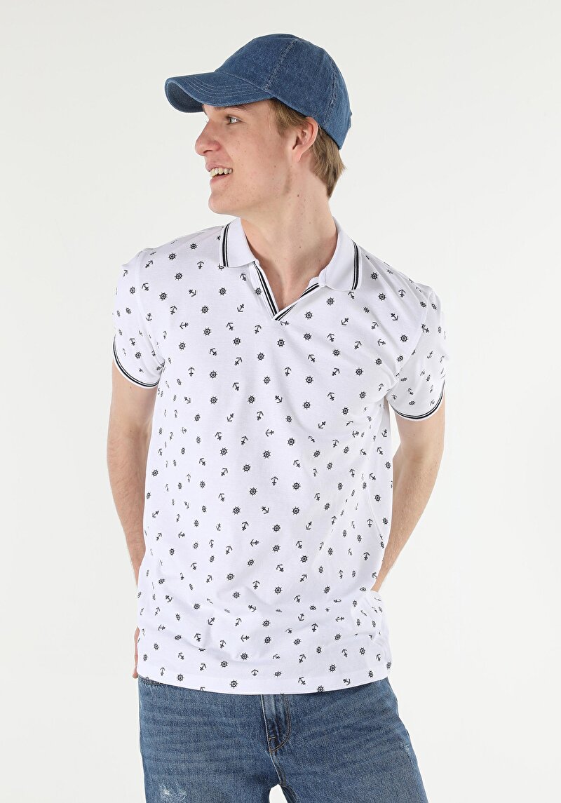 Regular Fit Polo Yaka Desenli Baskılı Erkek Beyaz Kısa Kol Tişört