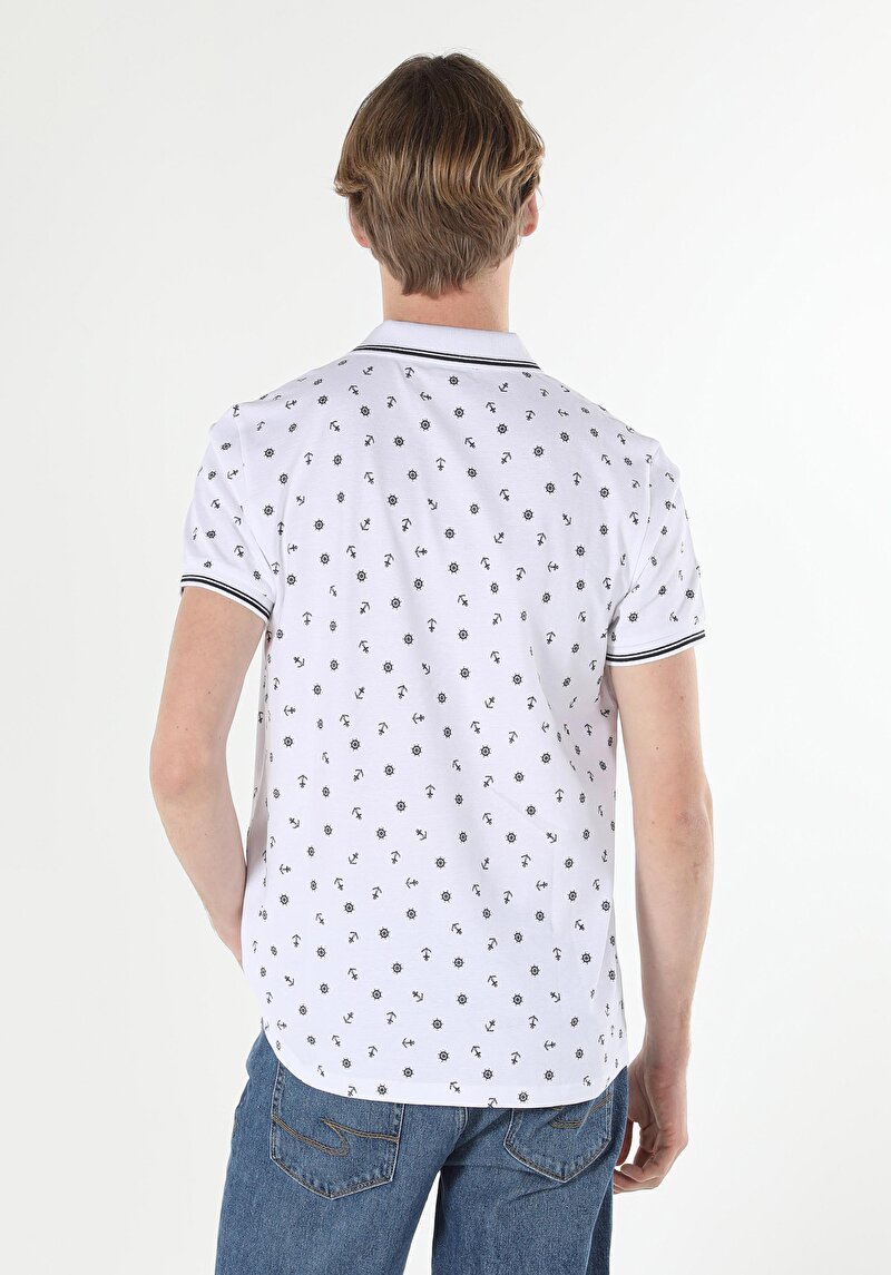 Regular Fit Polo Yaka Desenli Baskılı Erkek Beyaz Kısa Kol Tişört