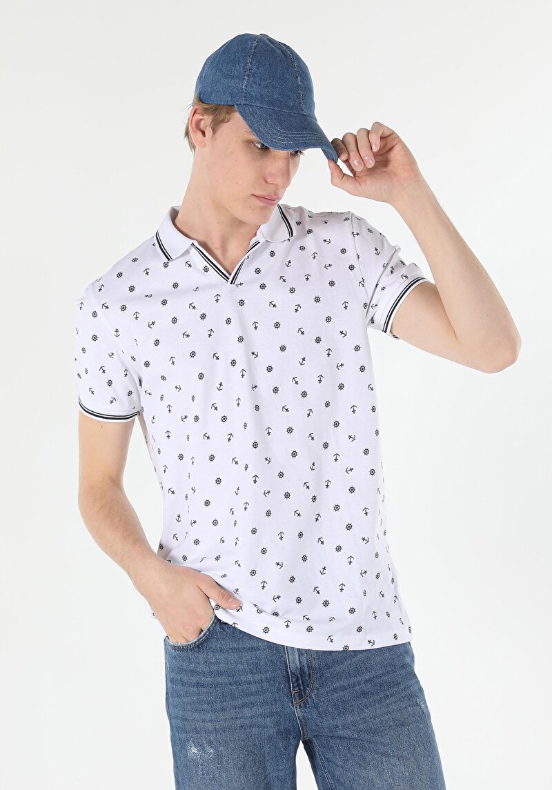 Regular Fit Polo Yaka Desenli Baskılı Erkek Beyaz Kısa Kol Tişört
