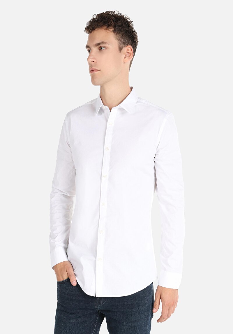 Süper Slim Fit Shirt Neck Cepsiz Düz Erkek Beyaz Uzun Kol Gömlek