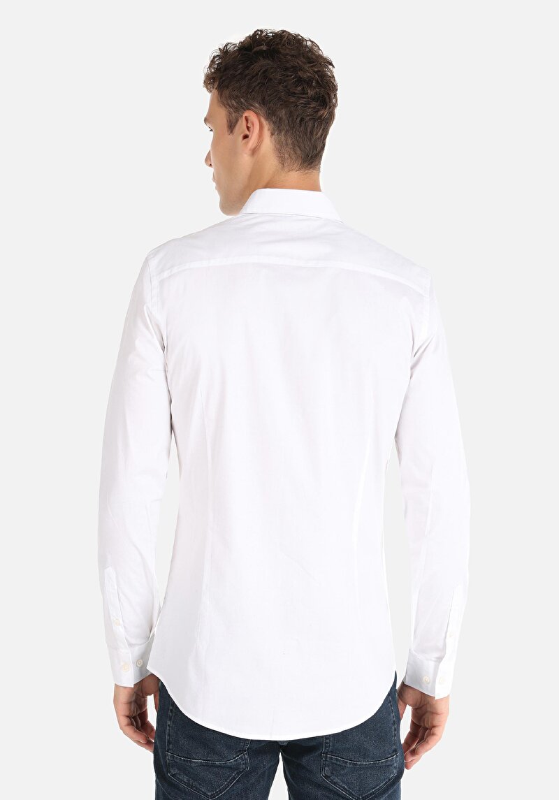 Süper Slim Fit Shirt Neck Cepsiz Düz Erkek Beyaz Uzun Kol Gömlek