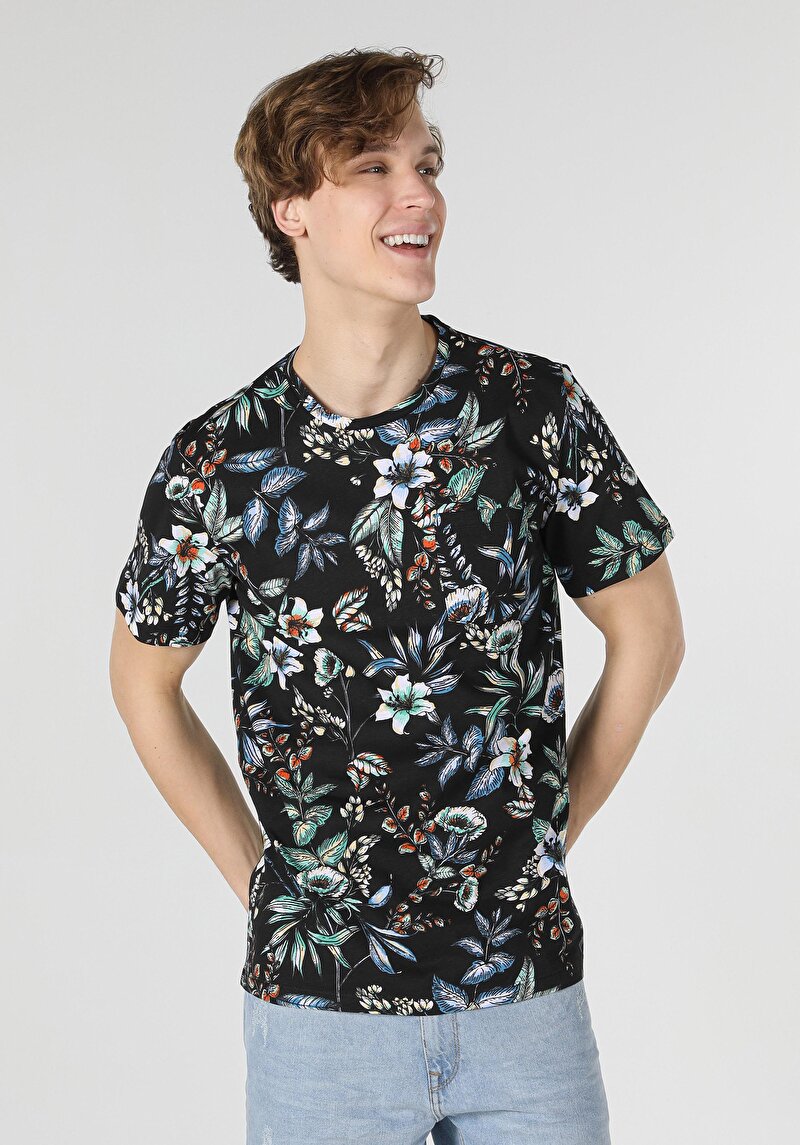 Regular Fit Yuvarlak Yaka Baskılı Erkek Çok Renkli Kısa Kol Tişört