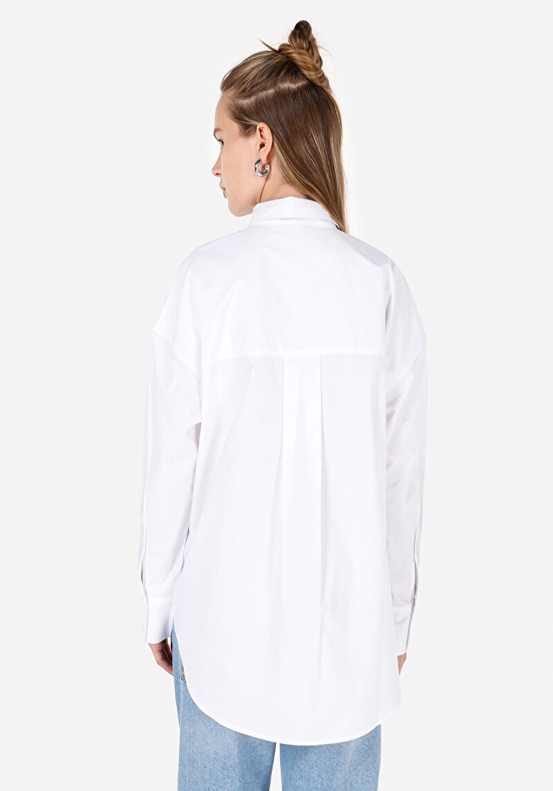 Relax Fit Pamuklu Shirt Neck Düz Kadın Beyaz Uzun Kol Gömlek
