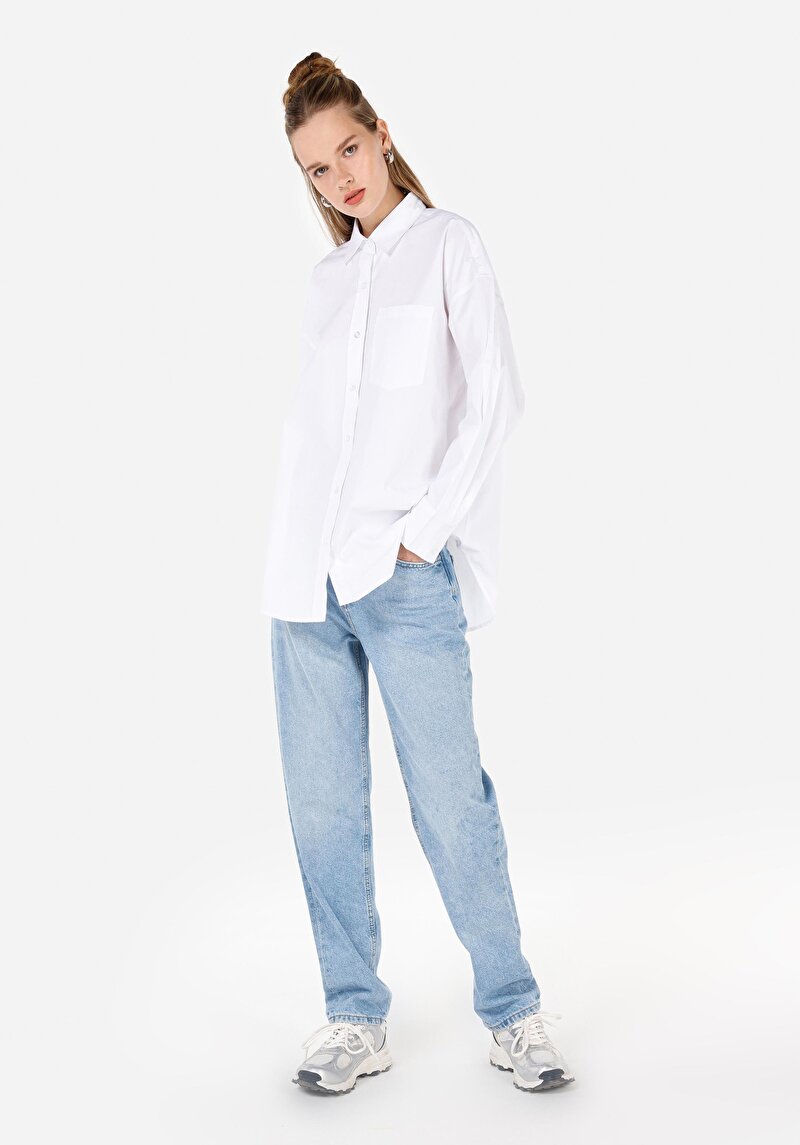 Relax Fit Pamuklu Shirt Neck Düz Kadın Beyaz Uzun Kol Gömlek