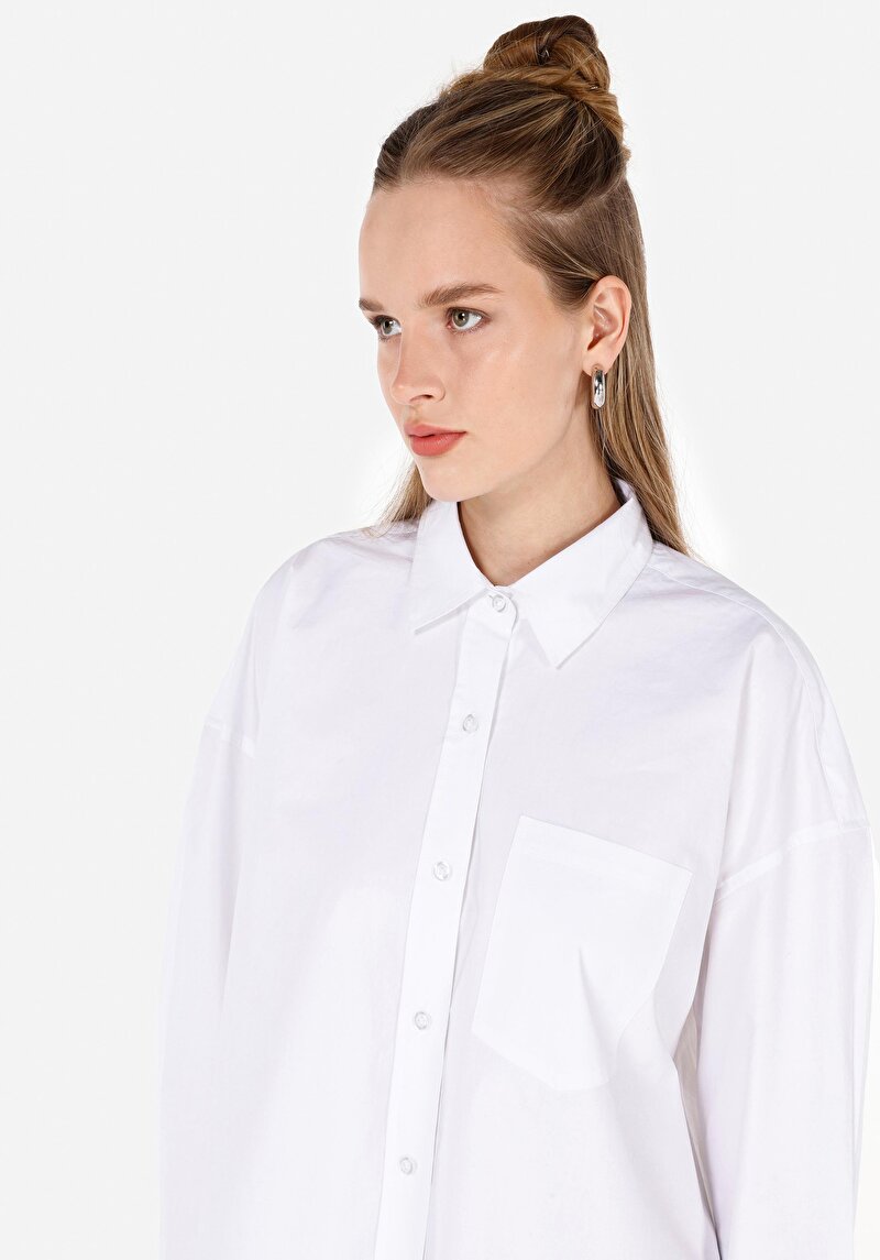 Relax Fit Pamuklu Shirt Neck Düz Kadın Beyaz Uzun Kol Gömlek
