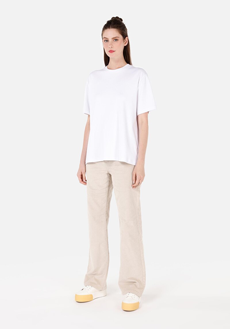 Regular Fit Yüksek Bel Geniş Paça Kadın Ekru Pantolon
