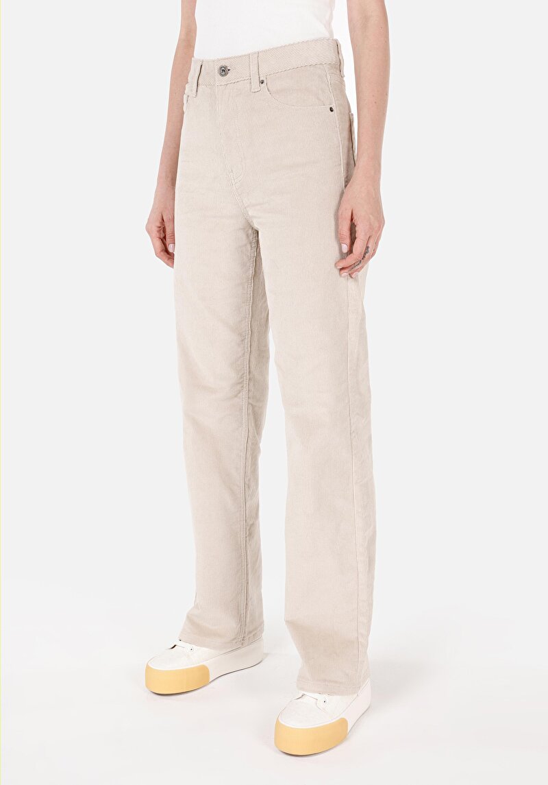 Regular Fit Yüksek Bel Geniş Paça Kadın Ekru Pantolon
