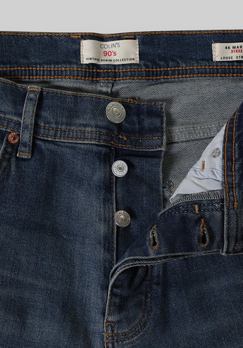 Loose Straight Fit Orta Bel Düz Paça Erkek Koyu İndigo Jean Pantolon