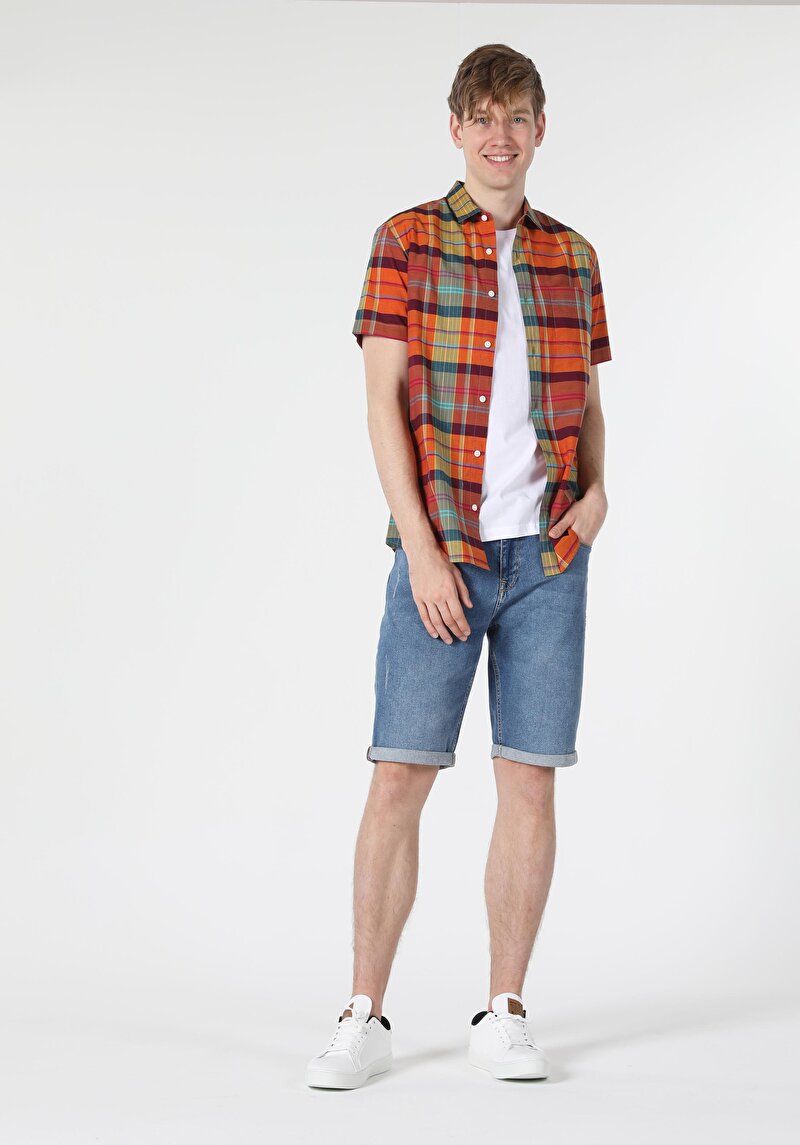 Regular Fit Shirt Neck Ekoseli Erkek Çok Renkli Kısa Kol Gömlek