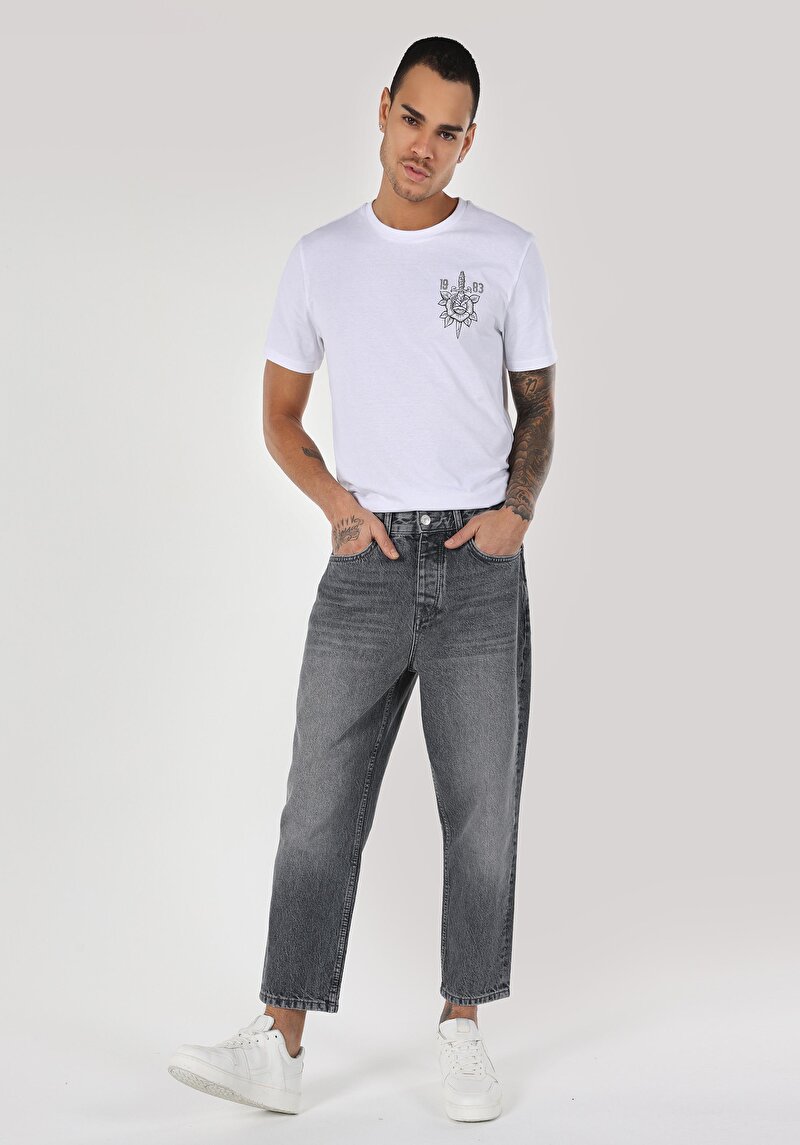 Loose Relaxed Fit Drop Crotch Kısa Paça Erkek Gri Jean Pantolon