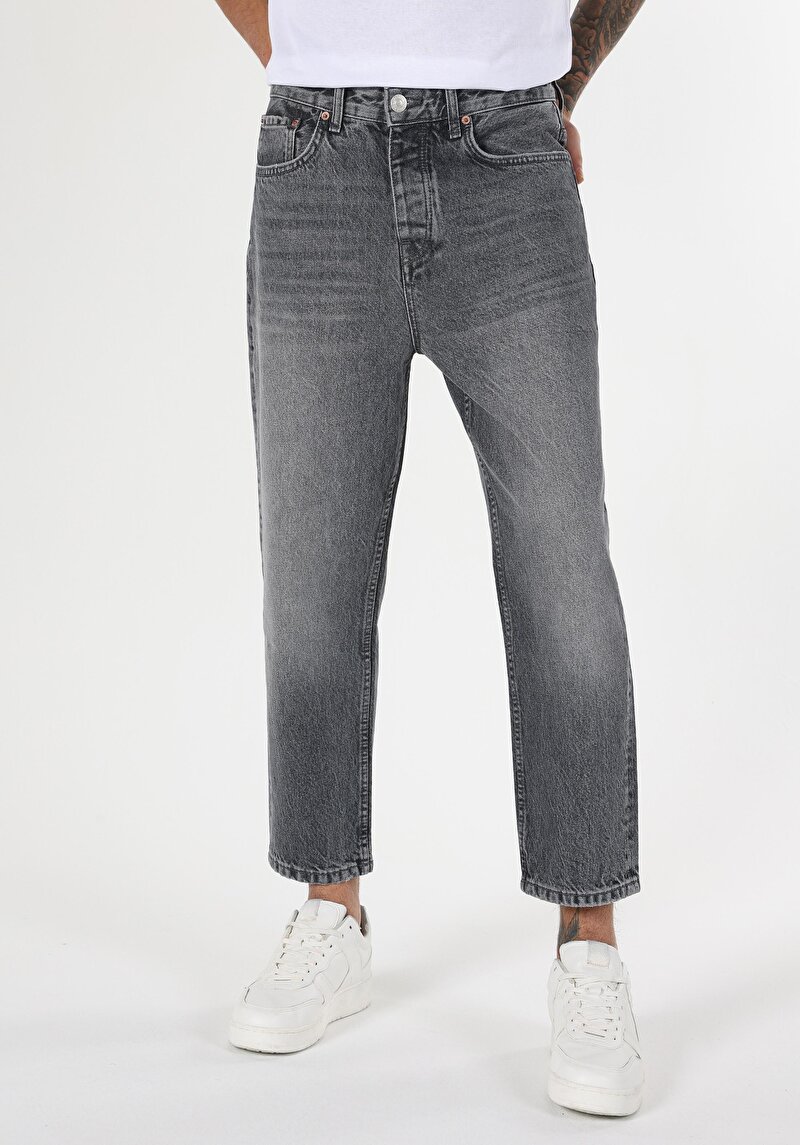 Loose Relaxed Fit Drop Crotch Kısa Paça Erkek Gri Jean Pantolon