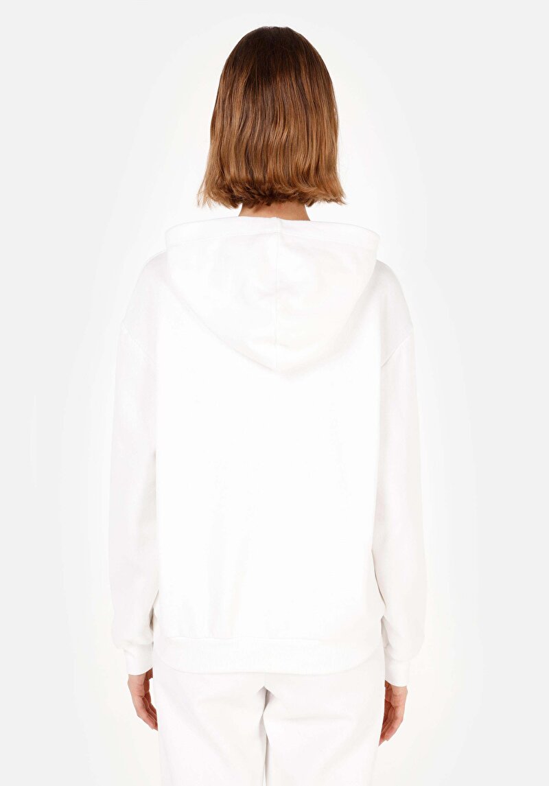Regular Fit Kapüşonlu Düz Kadın Beyaz Sweatshirt