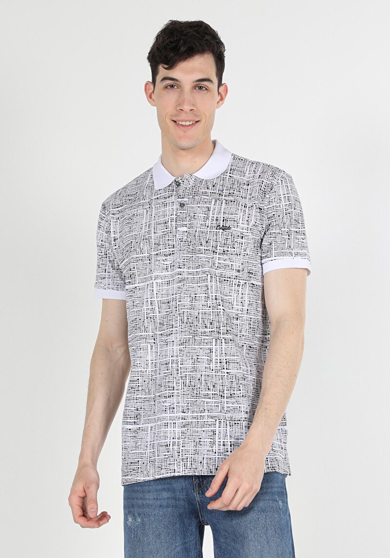 Regular Fit Polo Yaka Baskılı Erkek Beyaz Kısa Kol Tişört