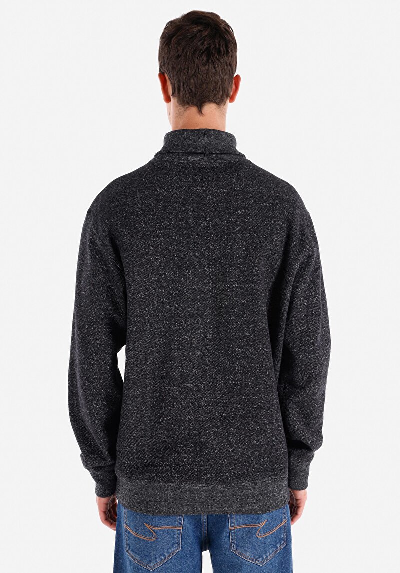 Comfort Fit Balıkçı Yaka Düz Erkek Siyah Uzun Kol Tişört