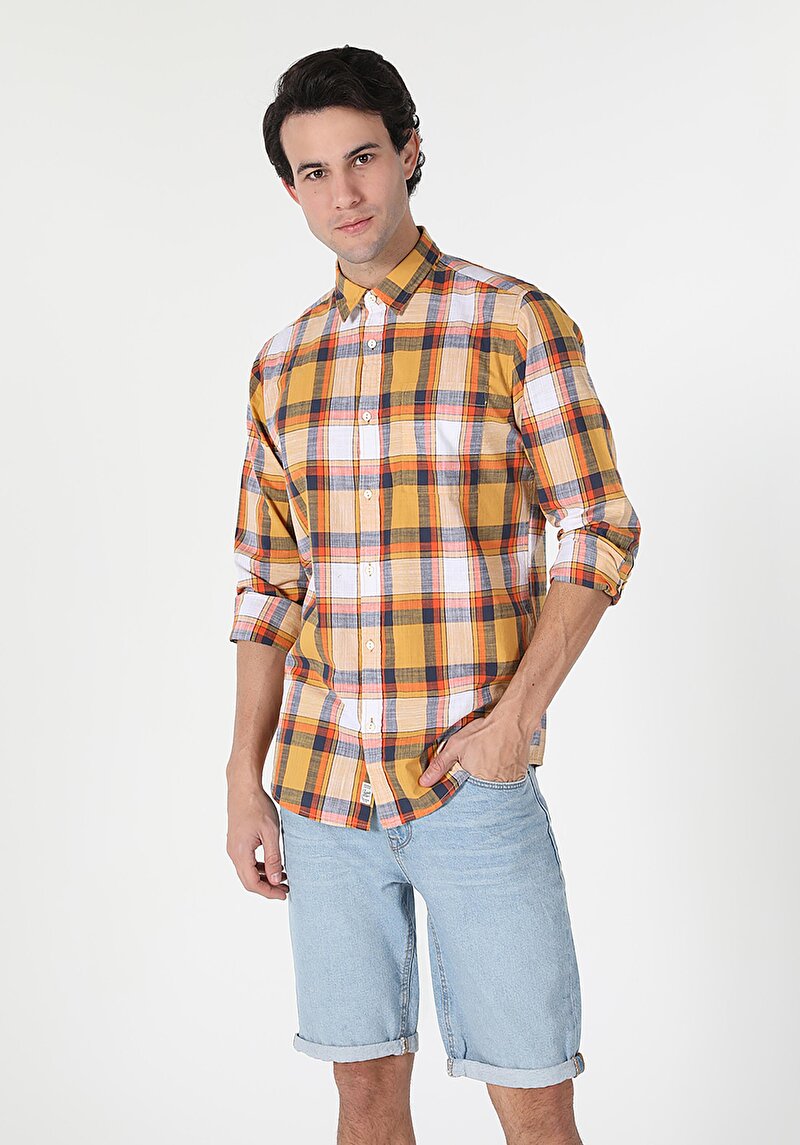 Regular Fit Shirt Neck Ekoseli Erkek Sari Uzun Kol Gömlek