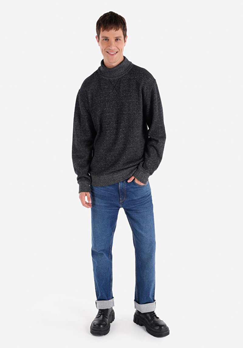 Comfort Fit Balıkçı Yaka Düz Erkek Siyah Uzun Kol Tişört