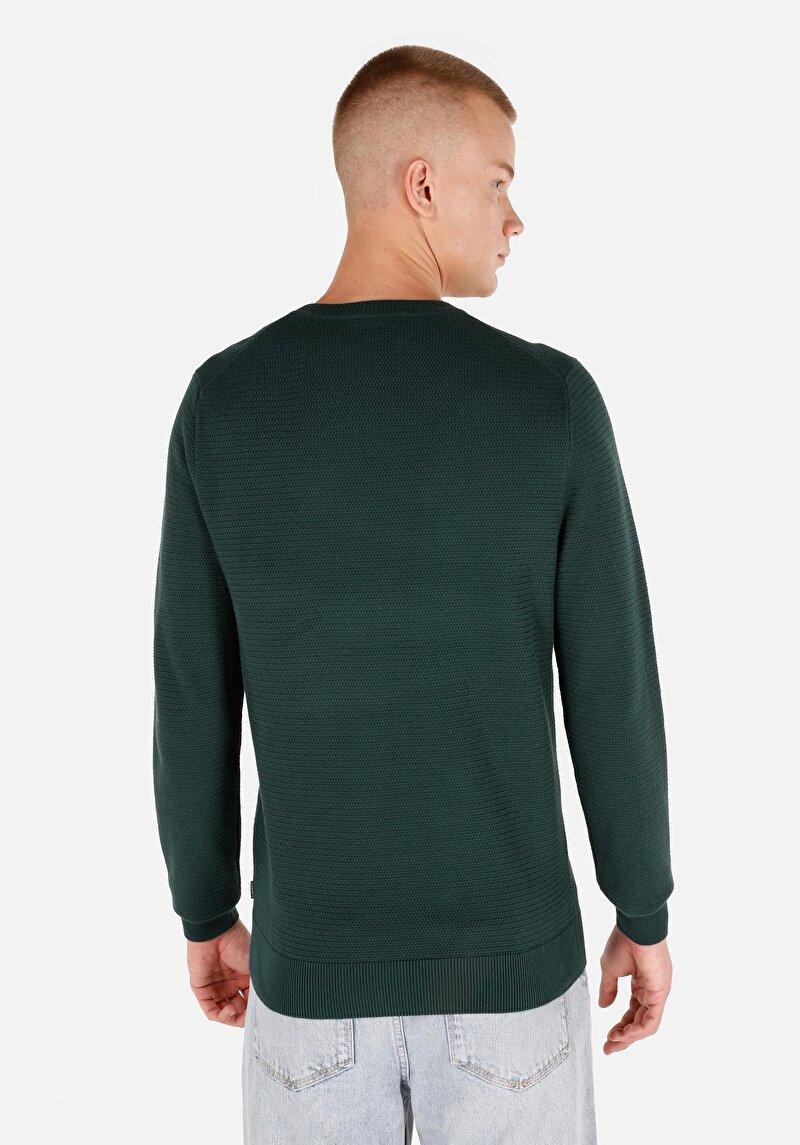 Regular Fit Pamuklu Yuvarlak Yaka Jakarlı Erkek Yeşil Triko Kazak