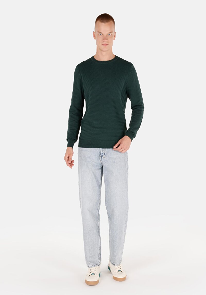 Regular Fit Pamuklu Yuvarlak Yaka Jakarlı Erkek Yeşil Triko Kazak