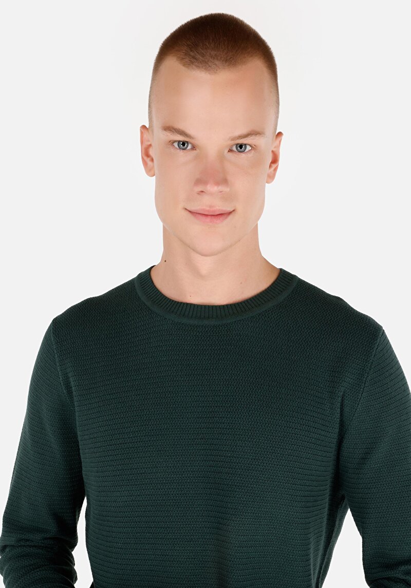 Regular Fit Pamuklu Yuvarlak Yaka Jakarlı Erkek Yeşil Triko Kazak