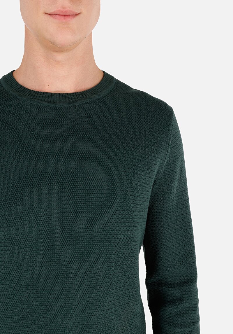 Regular Fit Pamuklu Yuvarlak Yaka Jakarlı Erkek Yeşil Triko Kazak