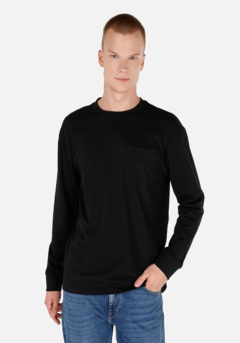 Regular Fit Yuvarlak Yaka Düz Pamuklu Erkek Siyah Uzun Kol Tişört