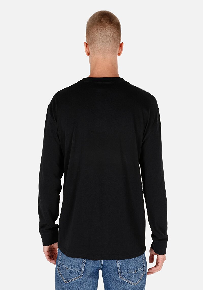 Regular Fit Yuvarlak Yaka Düz Pamuklu Erkek Siyah Uzun Kol Tişört