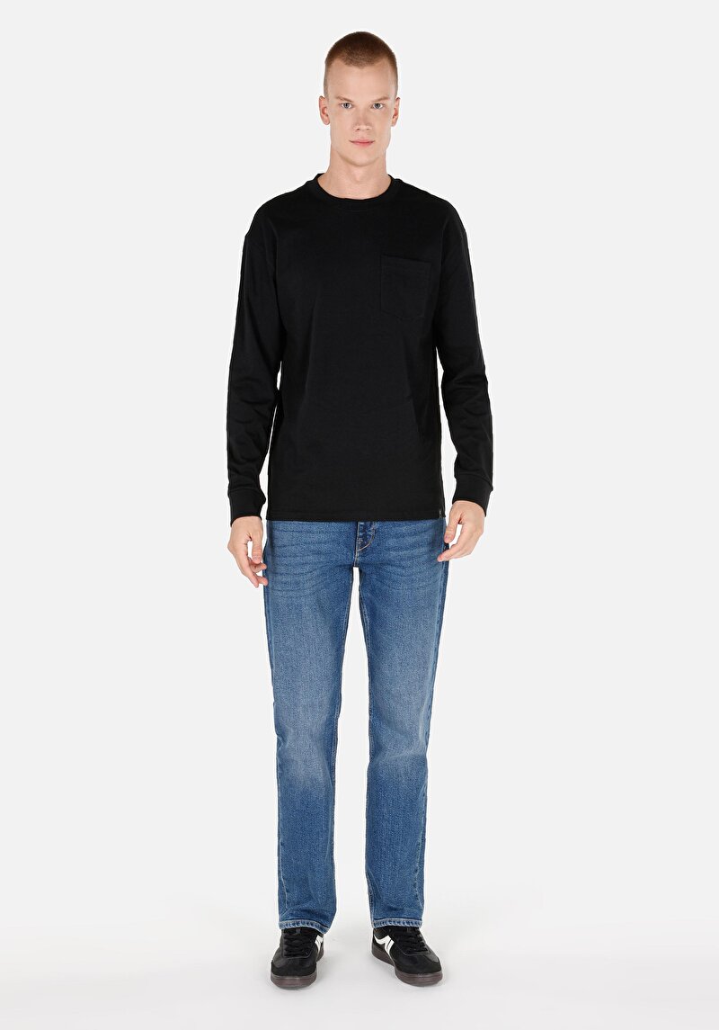 Regular Fit Yuvarlak Yaka Düz Pamuklu Erkek Siyah Uzun Kol Tişört