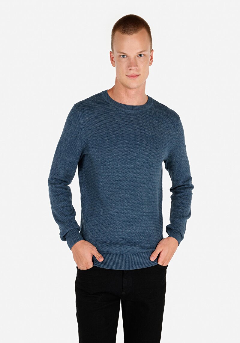 Regular Fit Yuvarlak Yaka Jakarlı Erkek Mavi Kazak