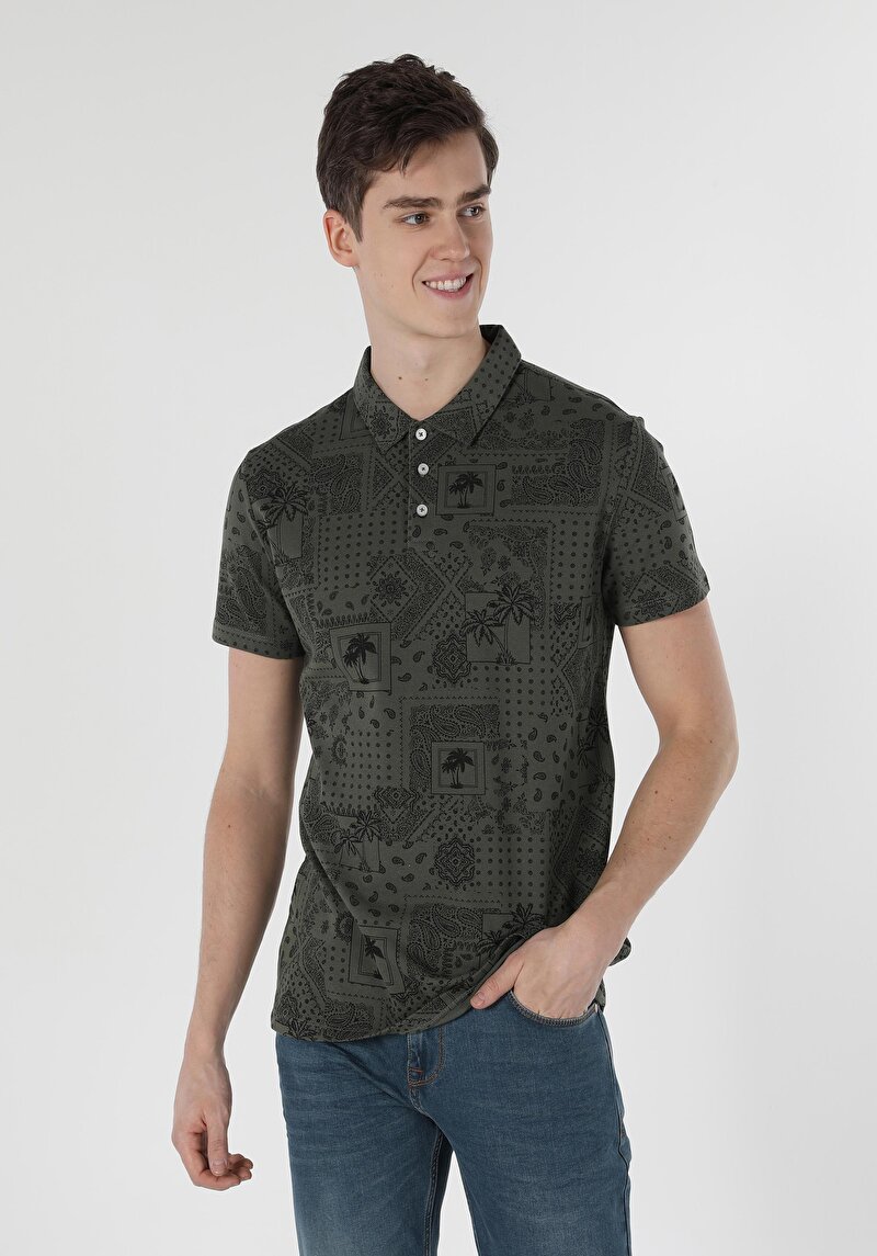 Regular Fit Polo Yaka Baskılı Erkek Yeşil Kısa Kol Tişört