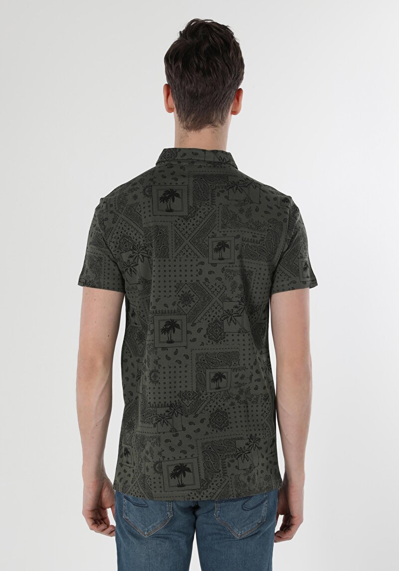 Regular Fit Polo Yaka Baskılı Erkek Yeşil Kısa Kol Tişört