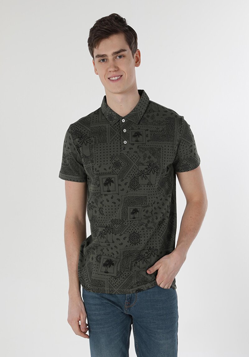 Regular Fit Polo Yaka Baskılı Erkek Yeşil Kısa Kol Tişört
