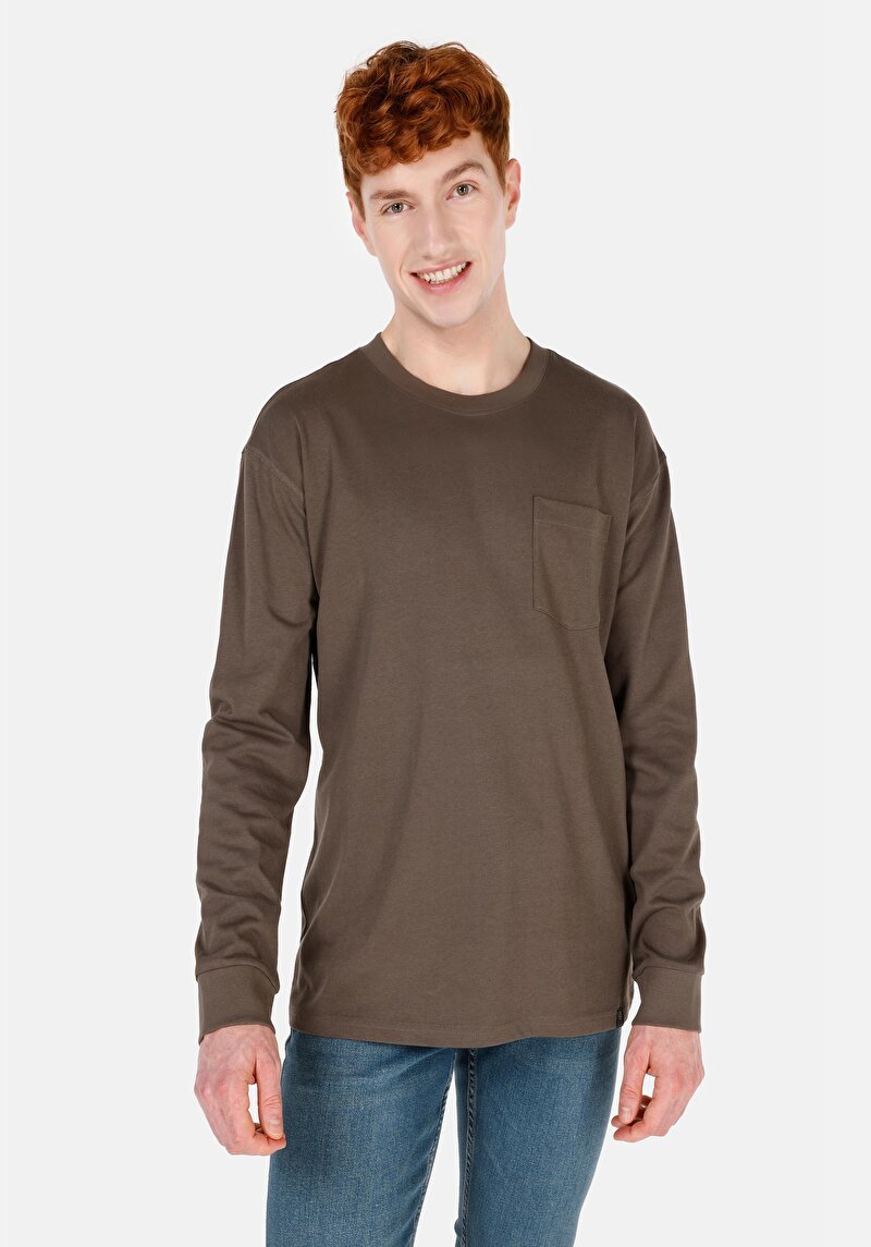 Regular Fit Yuvarlak Yaka Düz Pamuklu Erkek Yeşil Uzun Kol Tişört