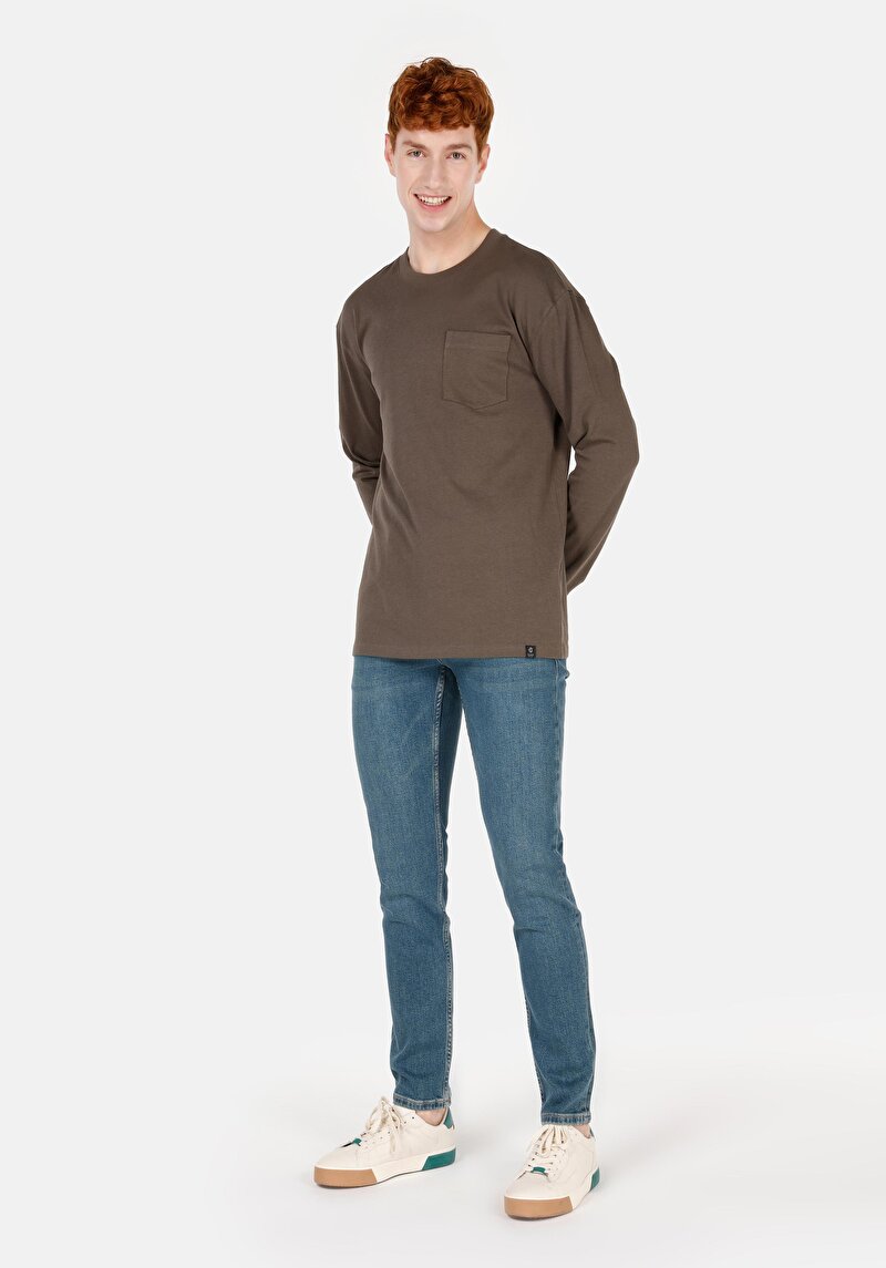 Regular Fit Yuvarlak Yaka Düz Pamuklu Erkek Yeşil Uzun Kol Tişört