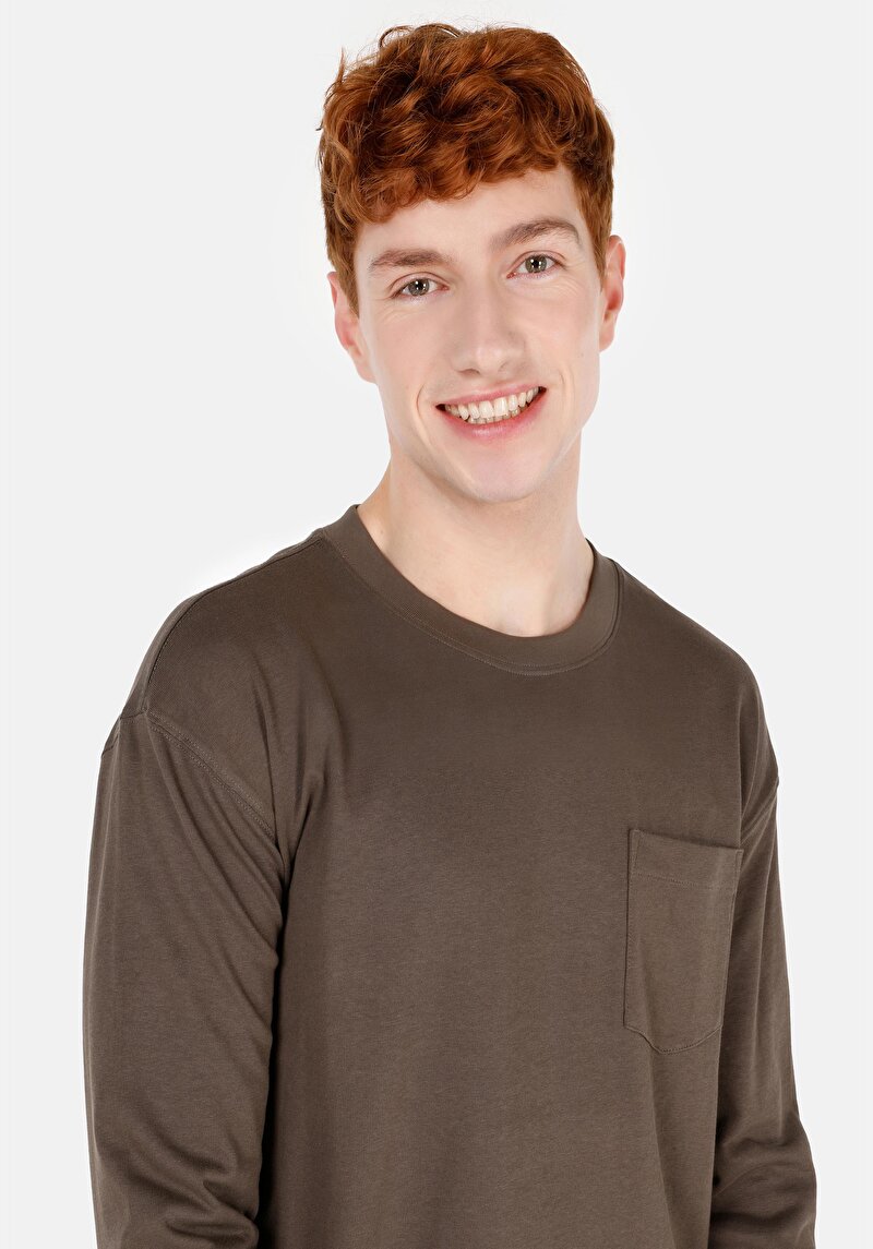 Regular Fit Yuvarlak Yaka Düz Pamuklu Erkek Yeşil Uzun Kol Tişört