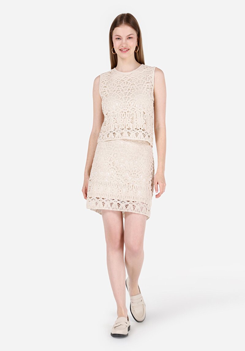 Regular Fit Jakarlı Fermuarlı Kadın Ekru Etek