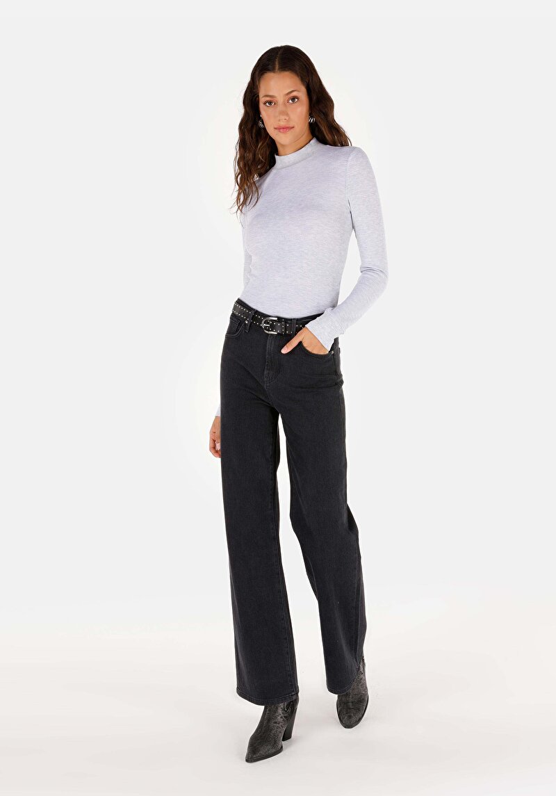 Slim Fit Dik Yaka Düz Kadın Gri Uzun Kol Tişört